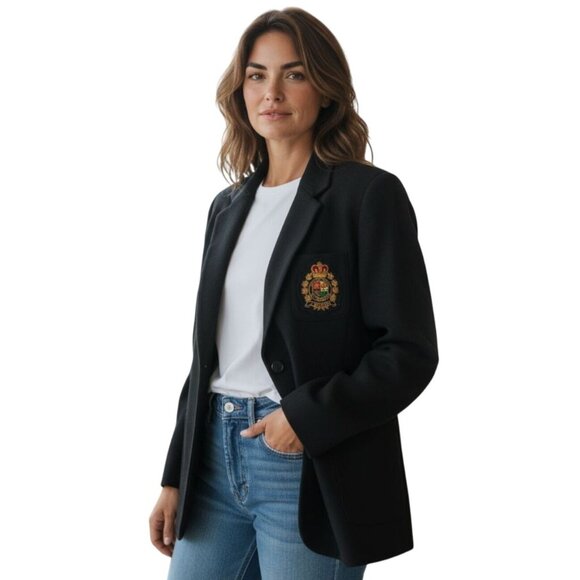 Lauren Ralph Lauren Womens Size 12 Wool Blend Black Blazer With Crest - Picture 1 of 11
